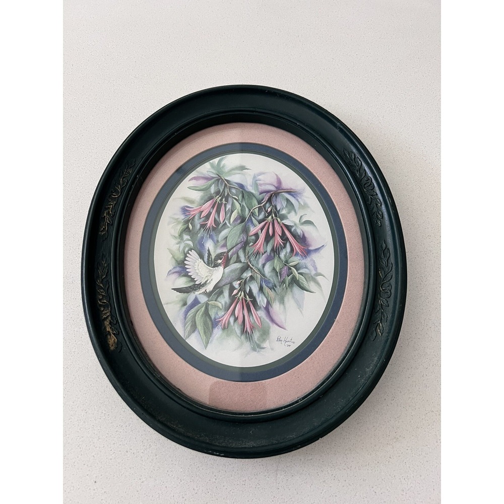 Vtg 1994 Don Kent Watercolor Print Oval‎ Frame Hummingbird & Honeysuckle